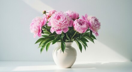 Fototapeta premium Pink peony flowers in white vase, basking in bright light against white wall