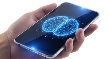 Hand holding a smartphone displaying a glowing blue digital brain, isolated on transparent background