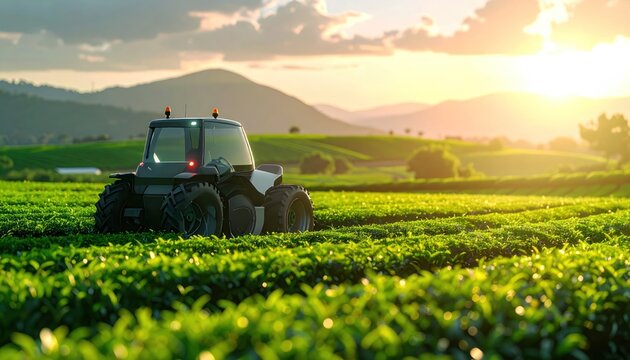 Autonomous tractor working in green tea field, Future technology with smart agriculture farming concept