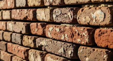 Close-up of a wall made of worn, colorful bricks in warm sunlight.