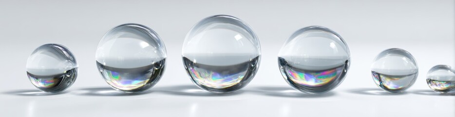Close-up of small and large transparent glass spheres with rainbow reflections on a smooth