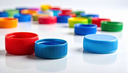 Colorful plastic bottle caps scattered on reflective white surface