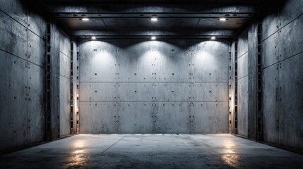 Obraz premium Professional construction background, industrial theme with concrete walls and steel beams, textured surfaces, strong lighting contrast, metallic tones, balanced layout with clean space for branding.