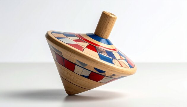 Colorful wooden spinning top with geometric pattern