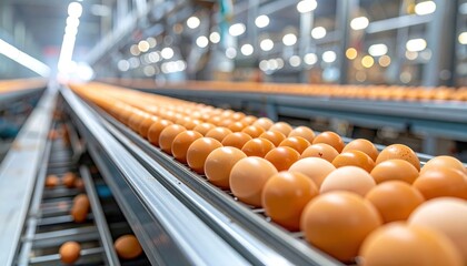 Chicken eggs move along a conveyor in a poultry farm. Food industry concept, chicken egg production.
