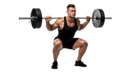 A fit man performs squats with a barbell, focused and determined during his workout. The image captures the strength and dedication of fitness, isolated on transparent background