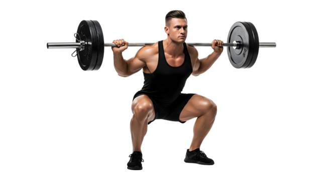 A fit man performs squats with a barbell, focused and determined during his workout. The image captures the strength and dedication of fitness, isolated on transparent background