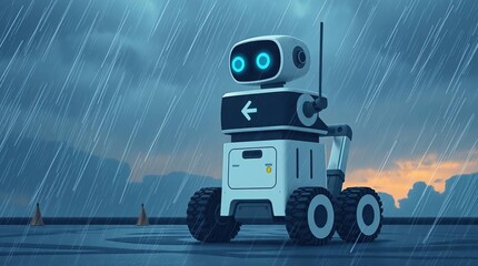 Robot in rain with outdoor scene.