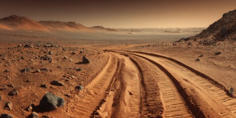 Premium High-Quality Mars Surface Landscape with Rover Tracks, Inspiring Discovery and Exploration for Technology and Innovation Marketing Content