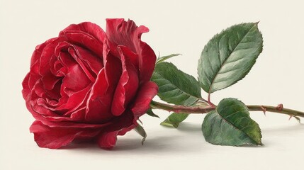 Close-up of a Fresh Red Rose with Green Leaves and Thorny Stem on a White Background for Romantic, Floral, and Nature-themed graphy