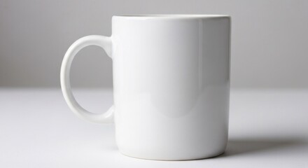 Fototapeta premium Simple white ceramic mug sits centered on a white surface with a light gray backdrop