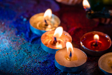 Happy Diwali. Deepavali Hindu festival of lights celebration. Clay diya candle. Oil lamp lit