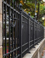 Ornate black metal fence along a stone wall, autumn leaves visible