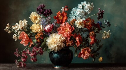 Beautiful and colorful mixed flower bouquet with roses tulips and peonies arranged in a dark ceramic vase on a rustic wooden table against a textured green background