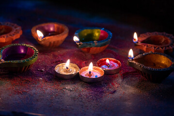 Happy Diwali. Deepavali Hindu festival of lights celebration. Clay diya candle. Oil lamp lit
