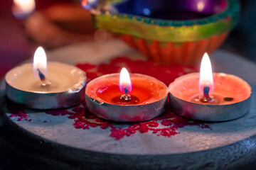 Happy Diwali. Deepavali Hindu festival of lights celebration. Clay diya candle. Oil lamp lit