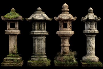 Fototapeta premium Four ancient stone lanterns with moss and weathering, traditional Asian garden decor