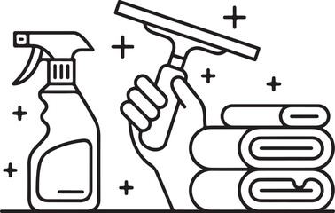 Minimalist Black and White Cleaning Tools Illustration Set with Spray Bottle, Squeegee, and Towels
