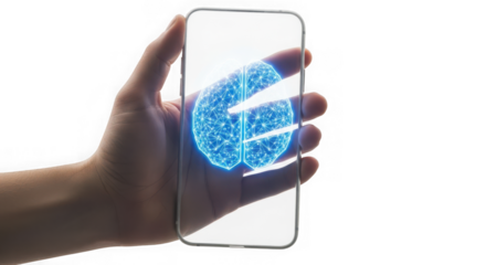 Hand holding a transparent smartphone displaying a glowing blue brain illustration, isolated on transparent background