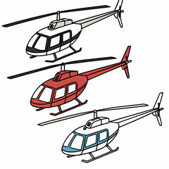 Three colorful cartoon helicopters in white red and blue with black outlines and rotors displayed vertically on a white background