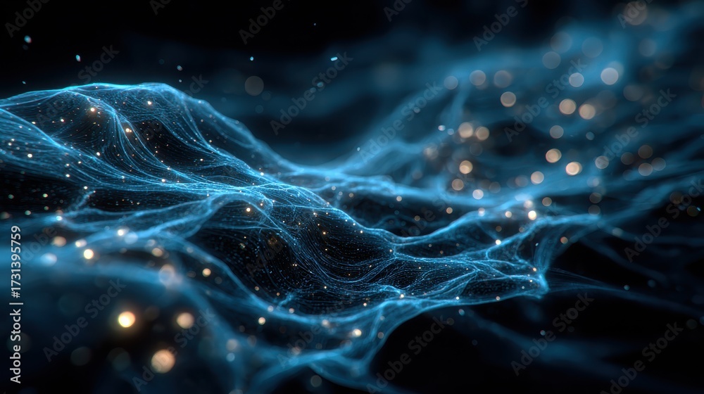 Poster futuristic glowing blue neural network visualization in abstract style