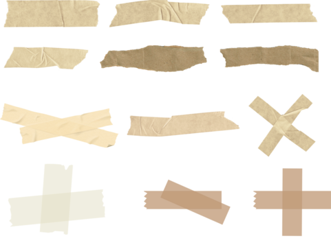Collection of old, ripped, and textured paper pieces with tape on a grunge background Masking Tape Various pieces of crumpled brown tape arranged in different orientations, showcasing texture 