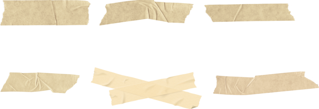 Collection of old, ripped, and textured paper pieces with tape on a grunge background Masking Tape Various pieces of crumpled brown tape arranged in different orientations, showcasing texture 