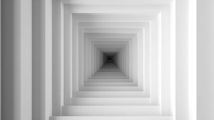 Obraz premium A minimalist architectural image shows a long white square tunnel with concentric frames receding into a dark vanishing point creating a hypnotic illusion of infinite depth and perspective