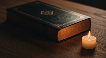 A large, dark book rests on a wooden table, illuminated by a small, burning candle