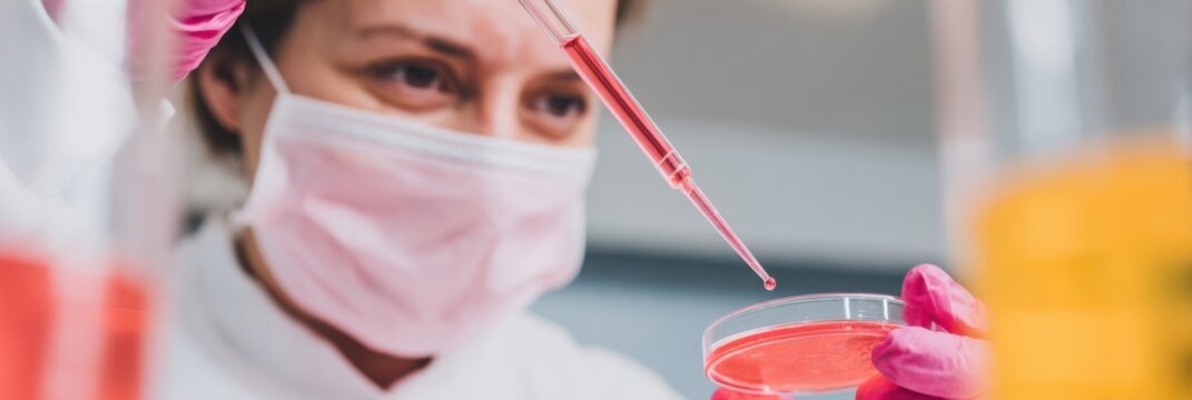 Professional Female Scientist in PPE Working with Pipette and Petri Dish Modern Biotech Innovation for Authentic Healthcare Marketing Content - Powered by Adobe