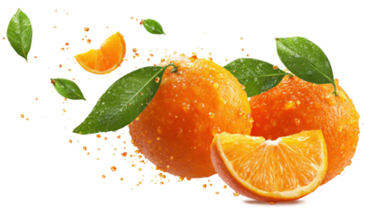 Fresh orange fruit, whole and sliced with leaves and drops falling flying isolated on a white background