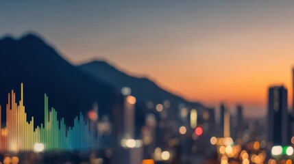 City skyline at sunset with vibrant soundwave graphic overlay