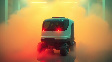 Futuristic vehicle with smoky garage.