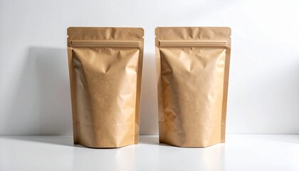 Two empty kraft paper stand up pouches with resealable zippers ready for product branding and packaging design