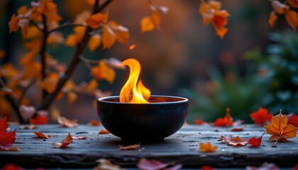 A small, lit candle in a dark bowl sits atop a table surrounded by autumn leaves, creating an atmospheric scene with a hint of warmth amidst the cooler tones of the seasonal setting.