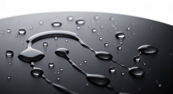 Water droplets scattered on a dark, reflective surface