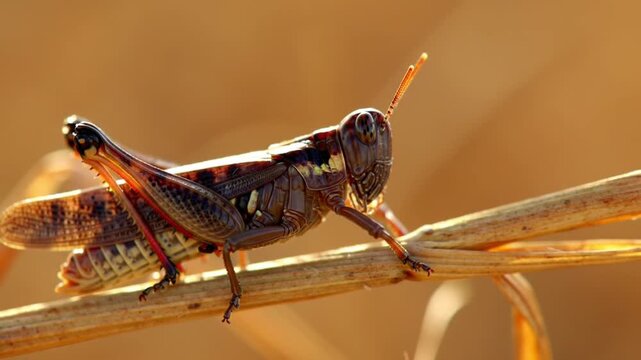 brown grasshopper perched on dry plant stem in sunlight