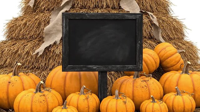 An inviting autumn scene showcases vibrant orange pumpkins, rustic hay bales, and a prominent blank chalkboard sign, ideal for personalized seasonal messages.