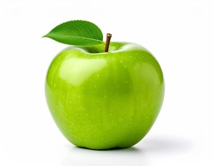 Fresh Green Apple with Leaf on White Background.