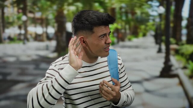 Young man with striped shirt and blue backpack gestures outdoors on city street with blurred trees and people in background conveying listening intent
