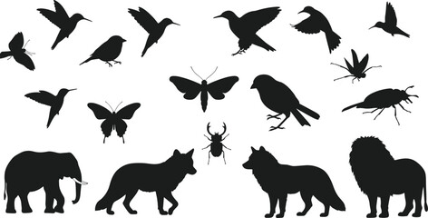 Wild animal and bird silhouette collection with elephant, lion, wolf, butterfly, beetle, sparrow, moth, insect, flying bird
