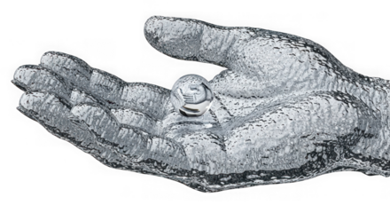 Closeup of a metallic hand holding a clear marble isolated on transparent background