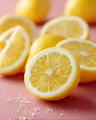 Macro Shot Of Juicy Lemon Slices On Pink Surface Showcasing Freshness
