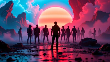 A group of diverse individuals standing on a beach at sunset, facing away from the viewer toward a large, glowing solar eclipse