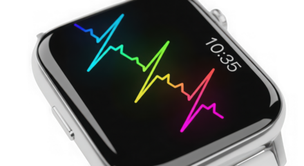 Smartwatch displaying a colorful heartbeat ekg waveform and time isolated on transparent background
