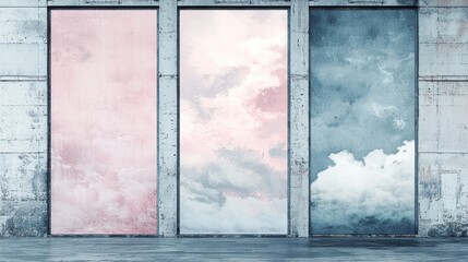 3 concrete frames displaying varying cloud formations against a muted palette