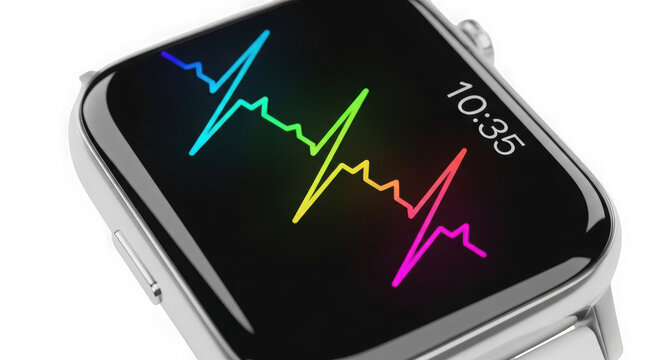 Smartwatch displaying a colorful heartbeat ekg waveform and time isolated on transparent background