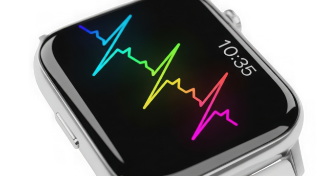 Smartwatch displaying a colorful heartbeat ekg waveform and time isolated on transparent background