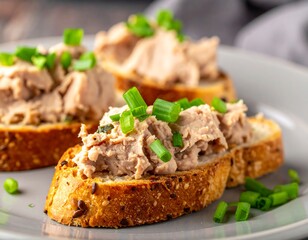 Three slices of toasted bread topped with a creamy, pale pink spread and garnished with chopped green onions