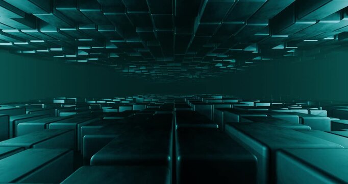 Anima&ccedil;&atilde;o 3D abstrata de blocos/cubos com bordas arredondadas formando um t&uacute;nel sim&eacute;trico em tom teal. As fileiras se movem em ondas suaves criando efeito de profundidade e ritmo tecnol&oacute;gico